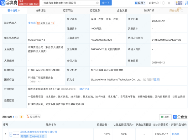 银河配资  和而泰在柳州新设智能科技公司